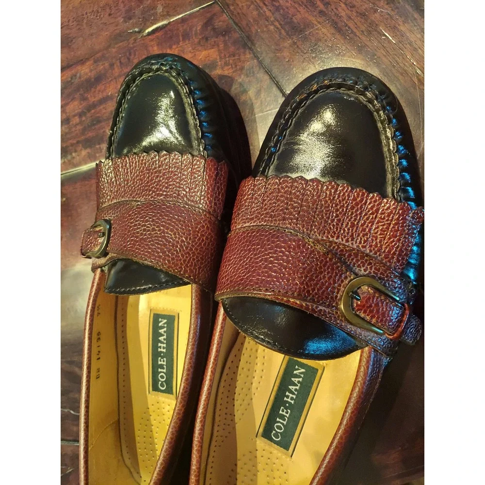Cole Haan Vintage Mens 9.5 D Black Burgundy Kiltie‎ Monk Strap Loafers Leather